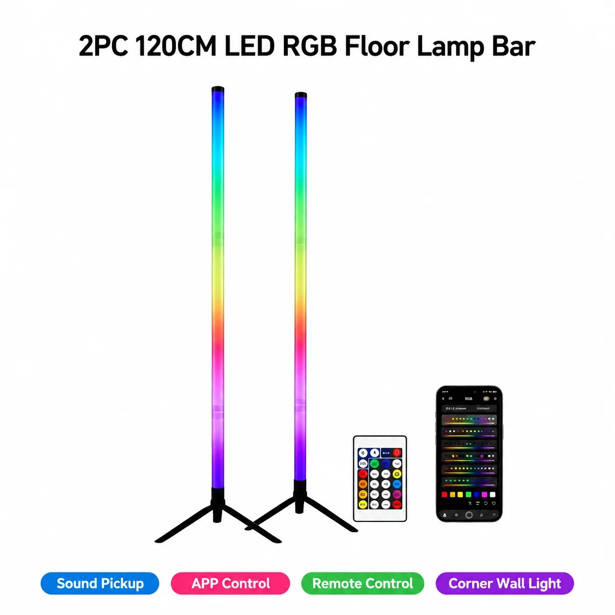 Decor Lighting Floor Lamps - โคมไฟตั้งพื้นแบบมุม RGB LED 2 ชิ้น, แถบไฟยาว