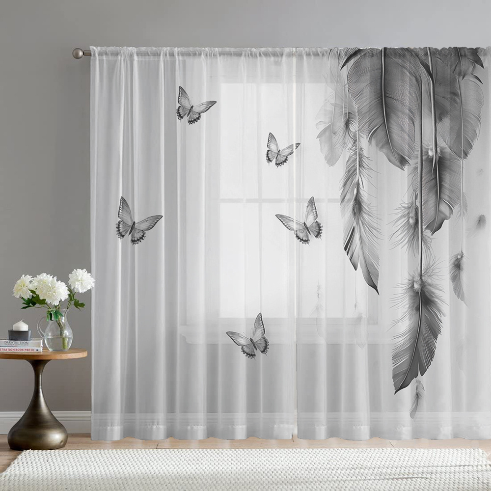 Fairy Light Curtain - ผ้าม่านโปร่งพิมพ์ลายดิจิตอล 2 ชิ้น ลายผีเสื้อขนนกเต้นระบำเบาๆ สไตล์เทพนิยาย สวยสง่างาม