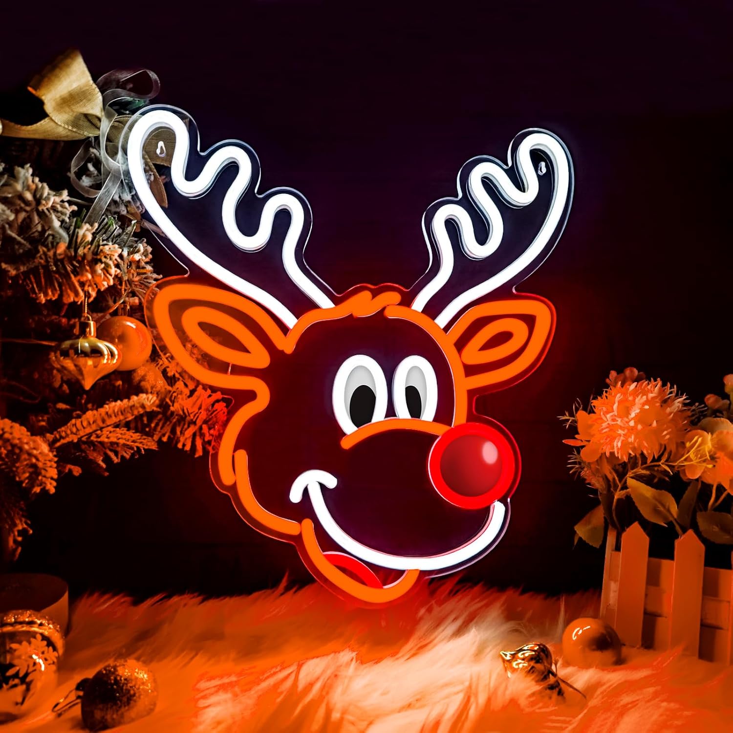 Lighting Decoration Ideas For Home - ป้ายไฟนีออนรูปกวางเรนเดียร์น่ารักสำหรับคริสต์มาส พร้อมไฟ LED จมูกแดง สำหรับตกแต่งงานปาร์ตี้คริสต์มาสที่บ้าน แสงสีส้มอบอุ่น