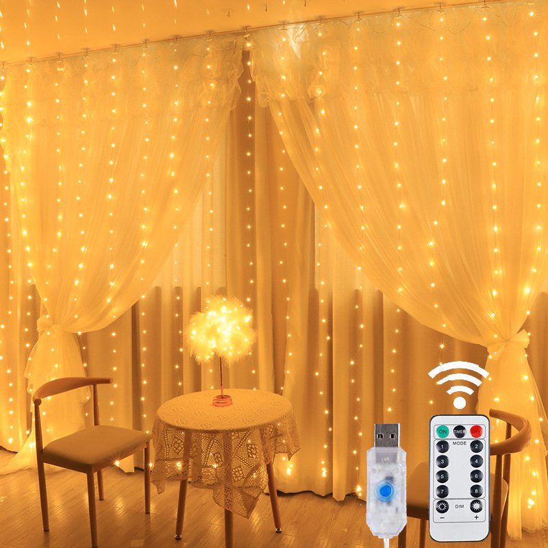 Fairy Light Curtain - ไฟ LED สายม่านไฟคริสต์มาสแบบสายของประดับหน้าต่าง LED พร้อมรีโมทควบคุม8โหมดสำหรับงานเลี้ยงวันหยุดงานแต่งงาน